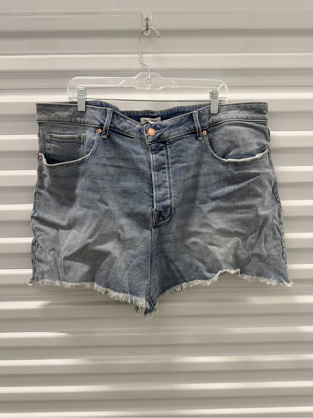 Good American Light Blue Denim Shorts with Frayed Hem Size 22